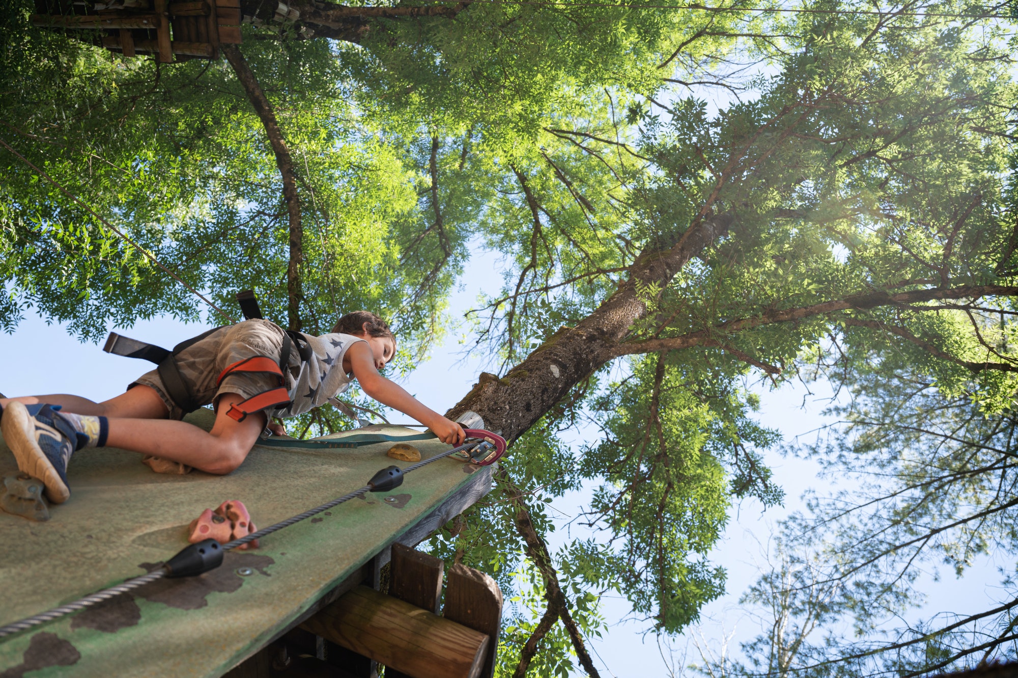 Young boy climbing up a climbing wall on a tree